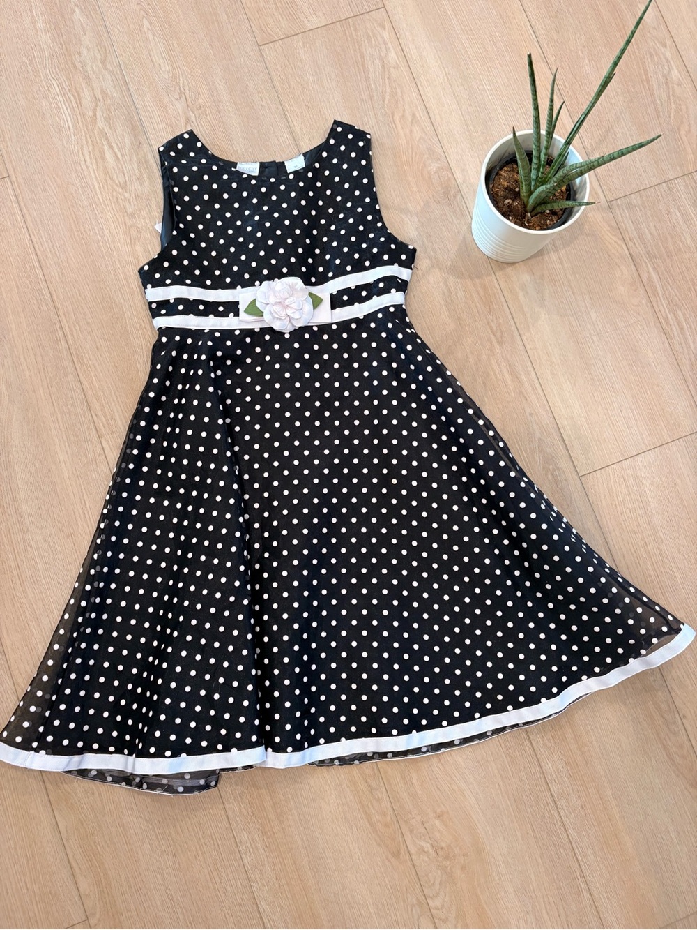 Girls Black and White Polka Dot Fit-and-Flare Dress with Floral Waist